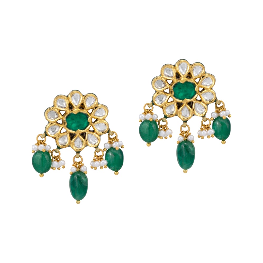 Green Talaf Floral Studs with Polkis, Emerald and Pearls